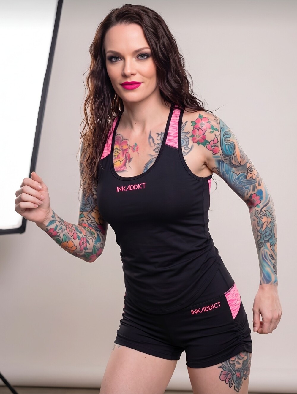 InkAddict Racerback Tank Shorts Set Marbled Pink Black Activewear Sz M NWT